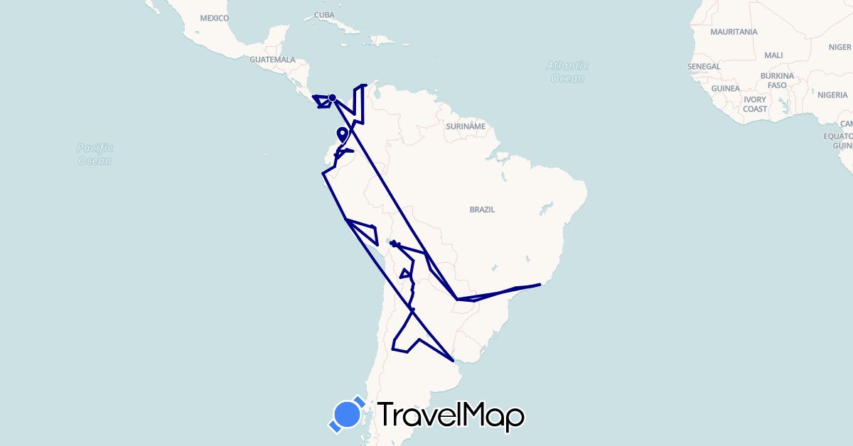 TravelMap itinerary: driving in Argentina, Bolivia, Brazil, Colombia, Ecuador, Panama, Peru, Paraguay (North America, South America)